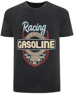 Fashion Bigdude Acid Wash Gasoline Print T-Shirt Washed Black T-shirts