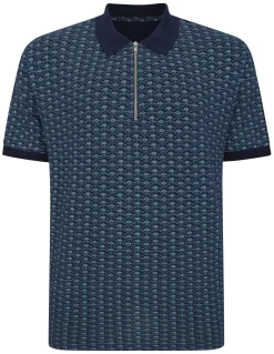 Sale Bigdude AOP Geometric Zipped Polo Navy Tall Polo Shirts
