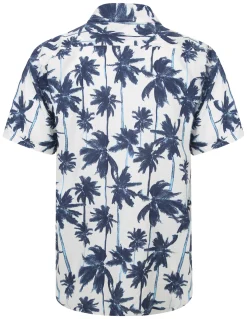 Clearance Bigdude Blue Palms Viscose Relaxed Collar Shirt White Casual Shirts