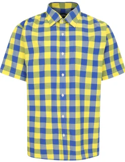 Outlet Bigdude Checked Poplin Short Sleeve Shirt Yellow/Blue Tall Casual Shirts