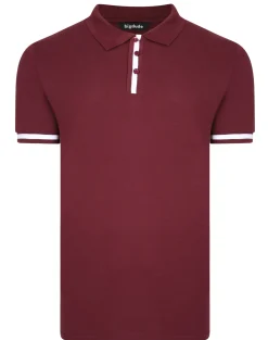 Best Bigdude Contrast Stripe Placket With Tipped Cuff Polo Shirt Burgundy Polo Shirts