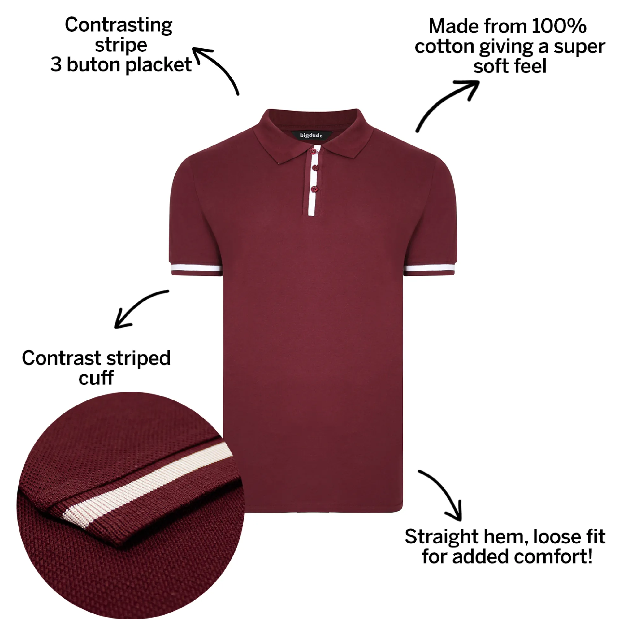 Best Bigdude Contrast Stripe Placket With Tipped Cuff Polo Shirt Burgundy Polo Shirts