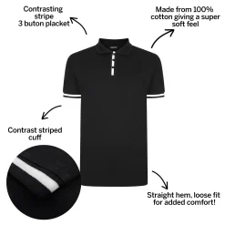 New Bigdude Contrast Stripe Placket With Tipped Cuff Polo Shirt Black Polo Shirts