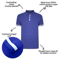 Fashion Bigdude Contrast Stripe Placket With Tipped Cuff Polo Shirt Cobalt Polo Shirts