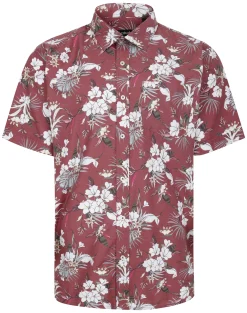 Fashion Bigdude Floral Allover Printed Short Sleeve Shirt Burgundy Tall Casual Shirts