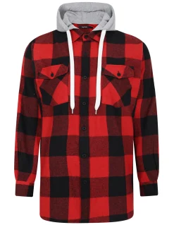 Online Bigdude Hooded Flannel Checked Shirt Red/Black Casual Shirts