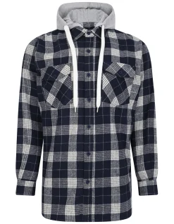Online Bigdude Hooded Flannel Checked Shirt Navy/White Casual Shirts
