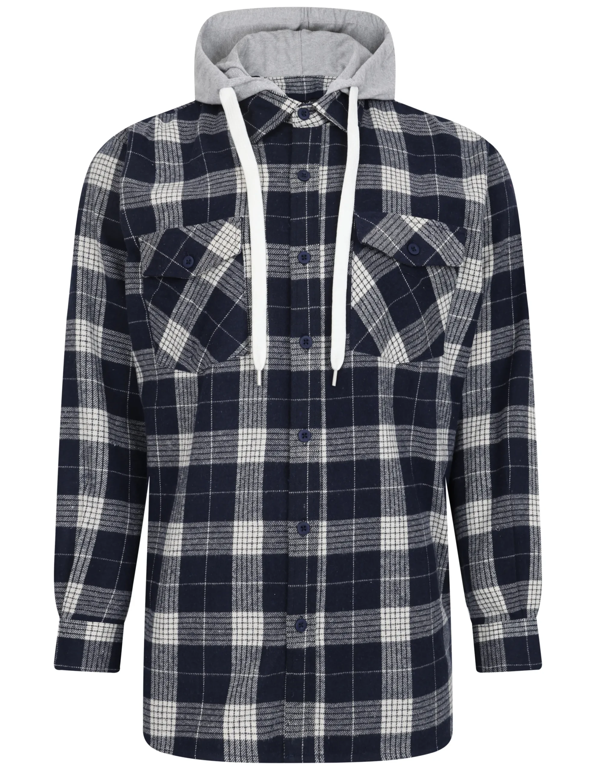 Online Bigdude Hooded Flannel Checked Shirt Navy/White Casual Shirts