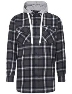 Hot Bigdude Hooded Flannel Checked Shirt Charcoal/Navy Casual Shirts