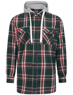 New Bigdude Hooded Flannel Checked Shirt Green/Red Casual Shirts