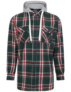 Outlet Bigdude Hooded Flannel Checked Shirt Green/Red Tall Casual Shirts