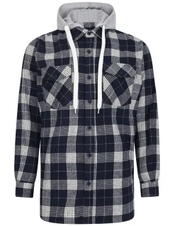 Best Bigdude Hooded Flannel Checked Shirt Navy/White Tall Casual Shirts