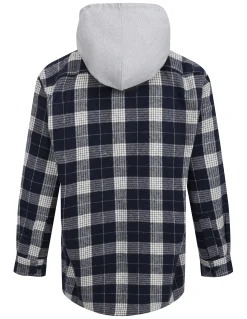 Best Bigdude Hooded Flannel Checked Shirt Navy/White Tall Casual Shirts