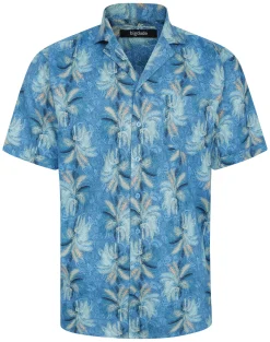Outlet Bigdude Palms Viscose Relaxed Collar Shirt Blue Casual Shirts