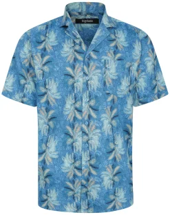 Fashion Bigdude Palms Viscose Relaxed Collar Shirt Blue Tall Casual Shirts