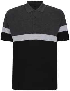 Hot Bigdude Pique Colour Block Polo Shirt Charcoal Marl Polo Shirts