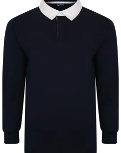 Sale Bigdude Rugby Style Long Sleeve Polo Shirt Navy Polo Shirts
