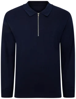 New Bigdude Smart Single Jersey Long Sleeve Polo With Zip Navy Polo Shirts