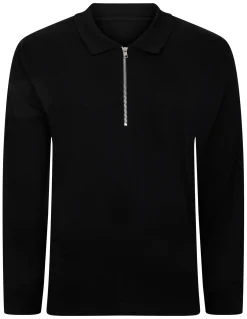 Outlet Bigdude Smart Single Jersey Long Sleeve Polo With Zip Black Polo Shirts