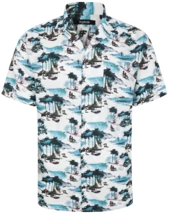 Outlet Bigdude Tropical Island Viscose Relaxed Collar Shirt White Tall Casual Shirts